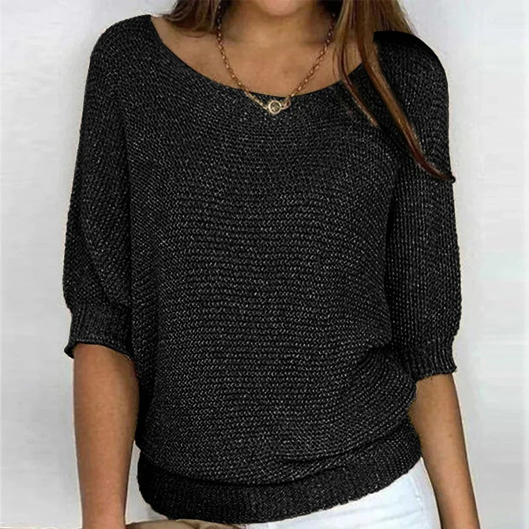 Damen Grobstrick-Pullover Rundhals Halbarm Lässiger Strickpullover - Schwarz