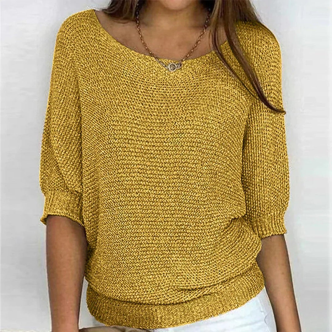Damen Grobstrick-Pullover Rundhals Halbarm Lässiger Strickpullover - Gelb