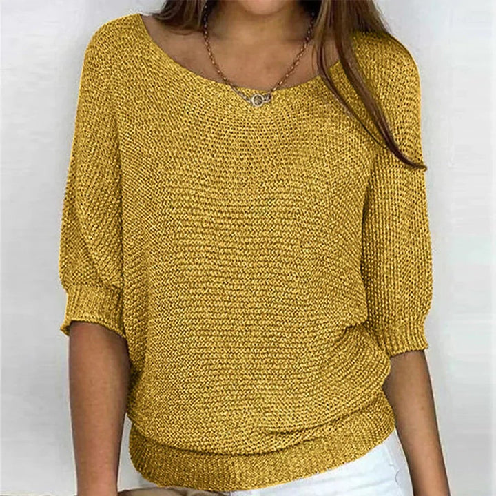 Damen Grobstrick-Pullover Rundhals Halbarm Lässiger Strickpullover - Gelb