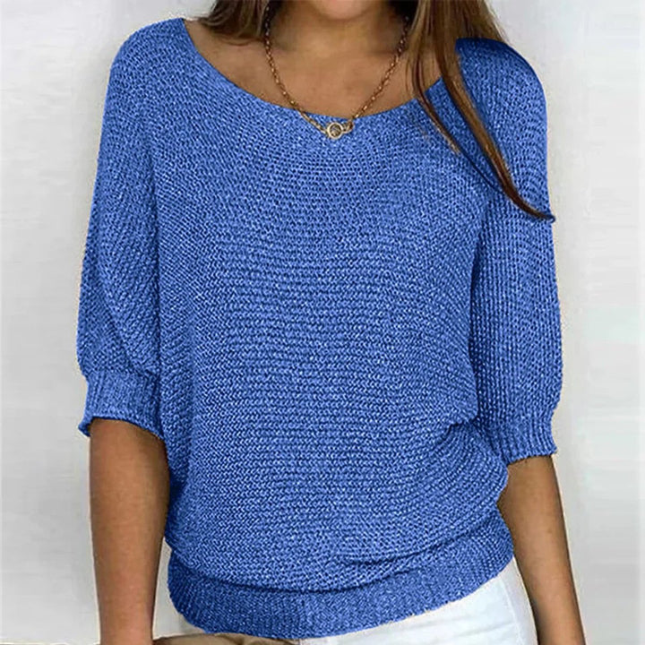 Damen Grobstrick-Pullover Rundhals Halbarm Lässiger Strickpullover - Blau