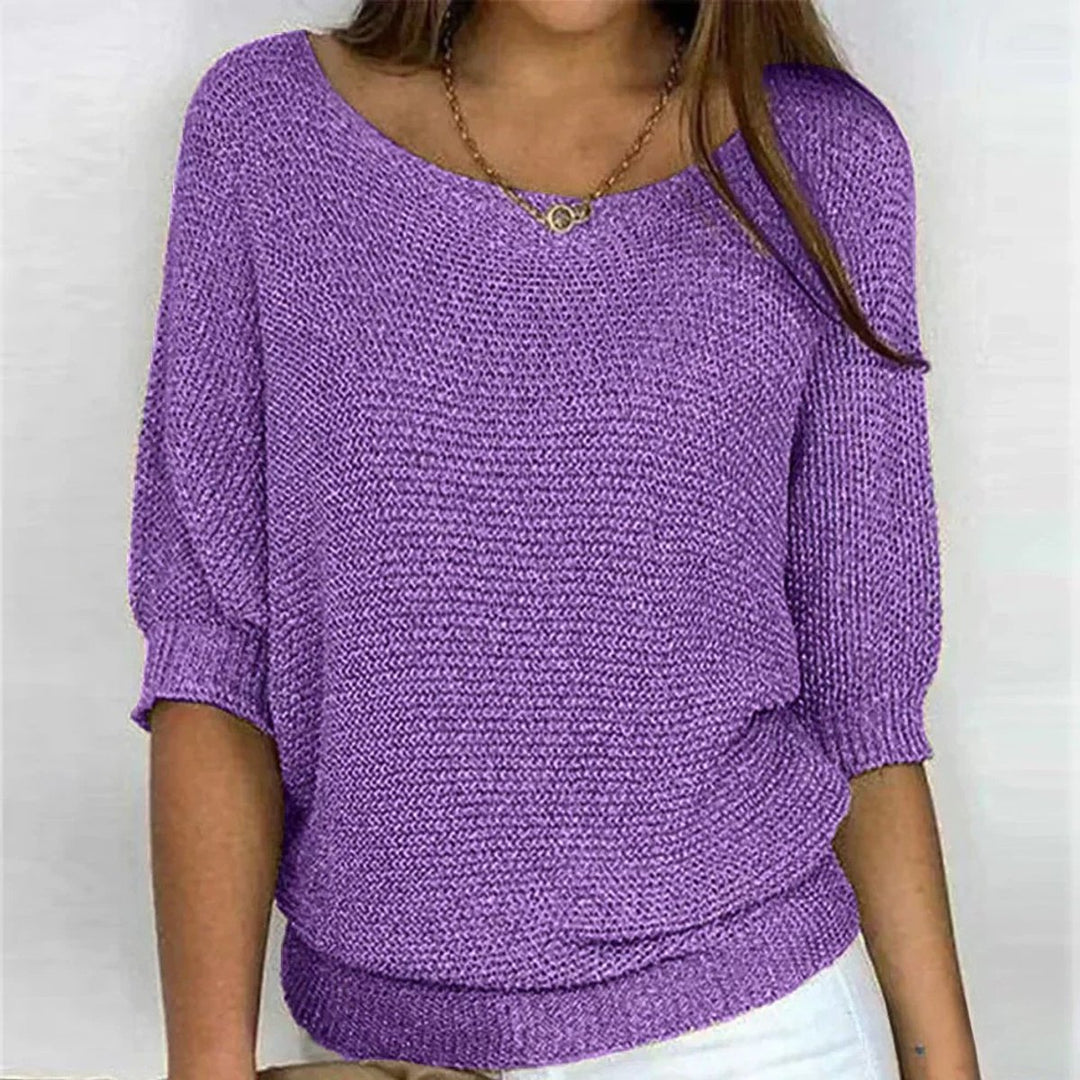 Damen Grobstrick-Pullover Rundhals Halbarm Lässiger Strickpullover - Violett