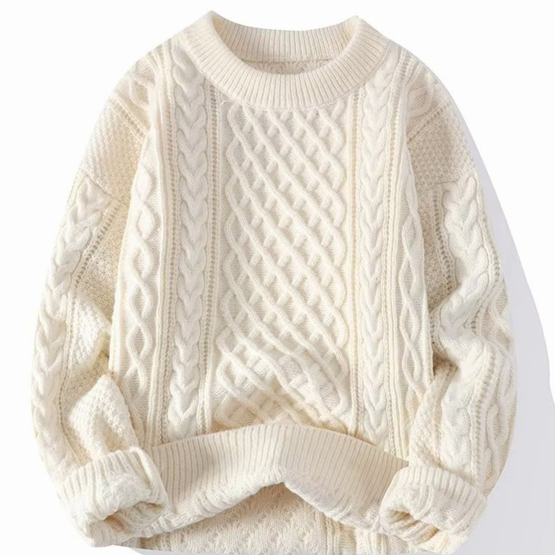 Damen Grobstrick-Pullover Rundhals Zopfmuster Langarm - Weiß