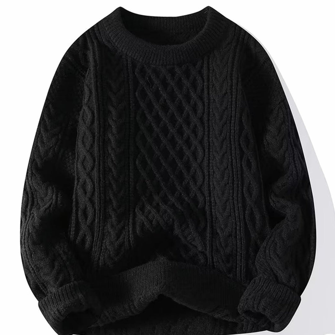 Damen Grobstrick-Pullover Rundhals Zopfmuster Langarm - Schwarz