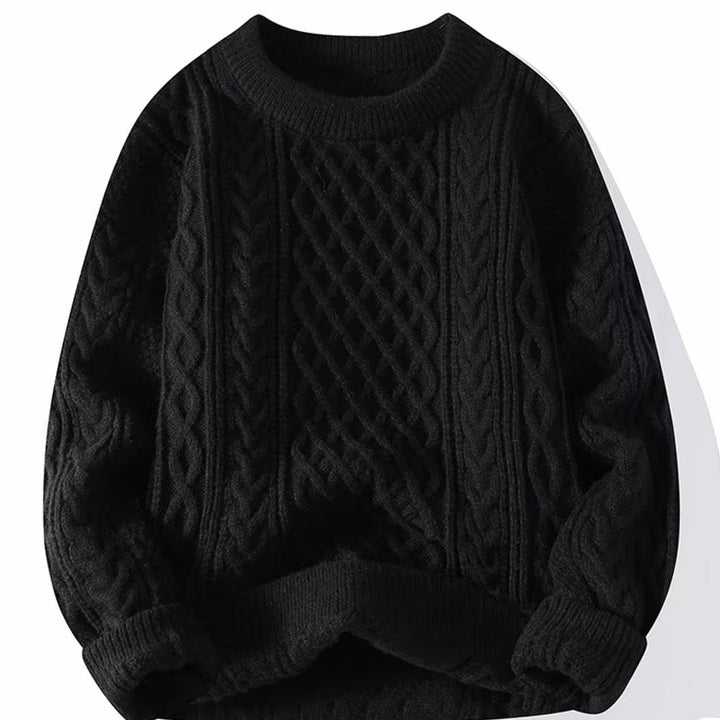 Damen Grobstrick-Pullover Rundhals Zopfmuster Langarm - Schwarz