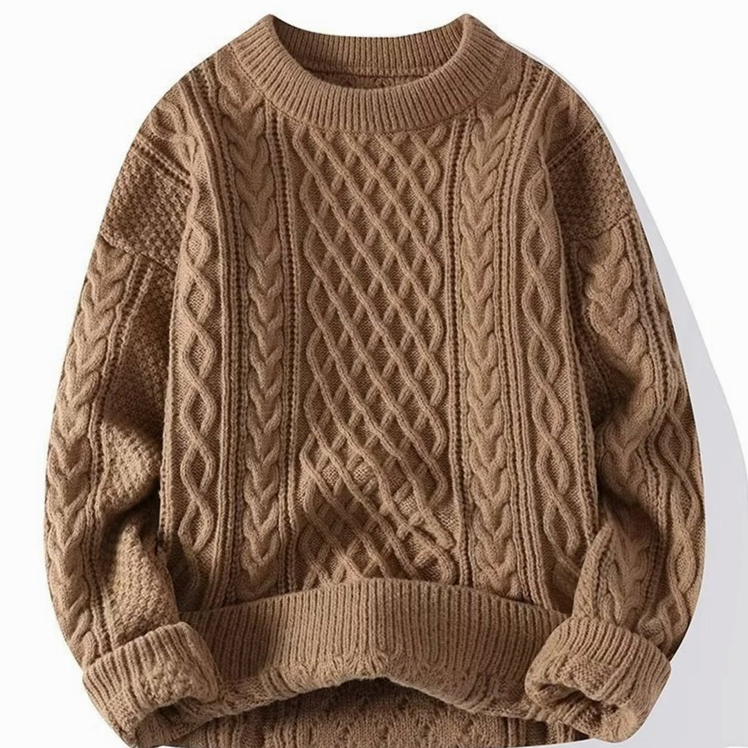 Damen Grobstrick-Pullover Rundhals Zopfmuster Langarm - Braun