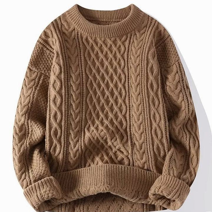 Damen Grobstrick-Pullover Rundhals Zopfmuster Langarm - Braun