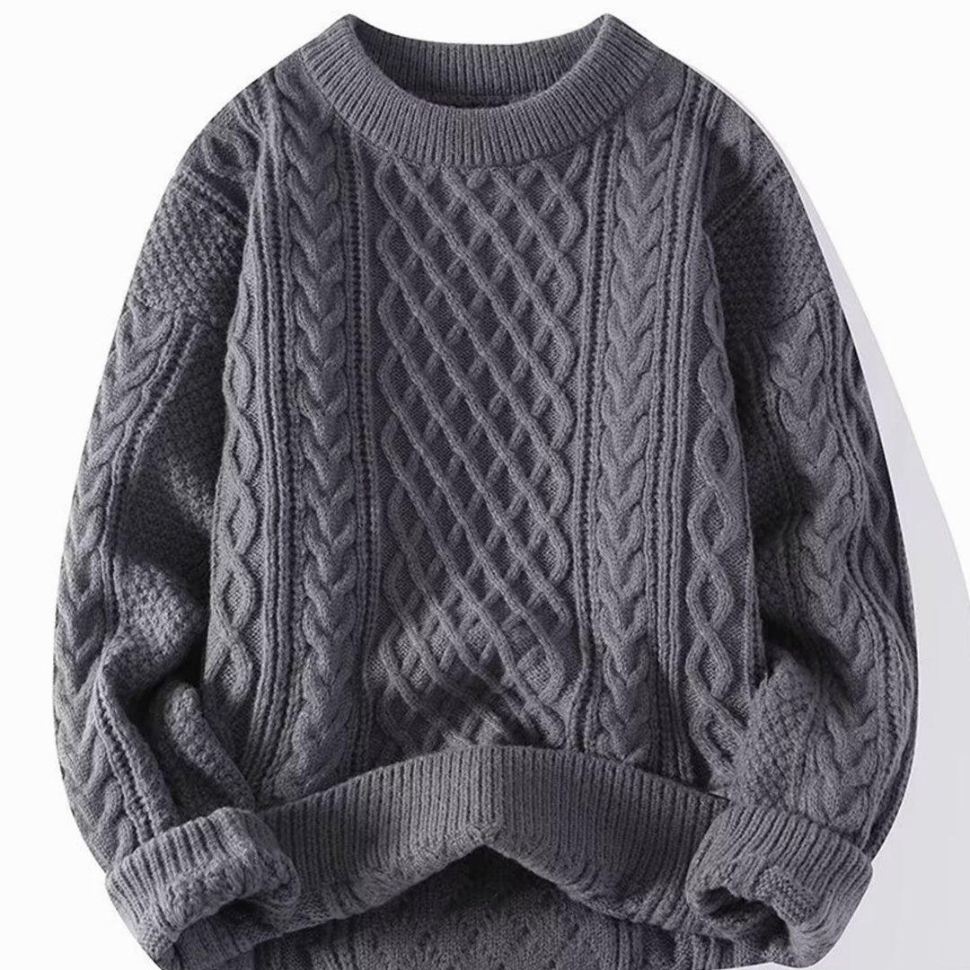 Damen Grobstrick-Pullover Rundhals Zopfmuster Langarm - Grau