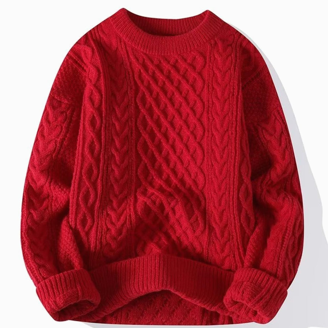 Damen Grobstrick-Pullover Rundhals Zopfmuster Langarm - Rot