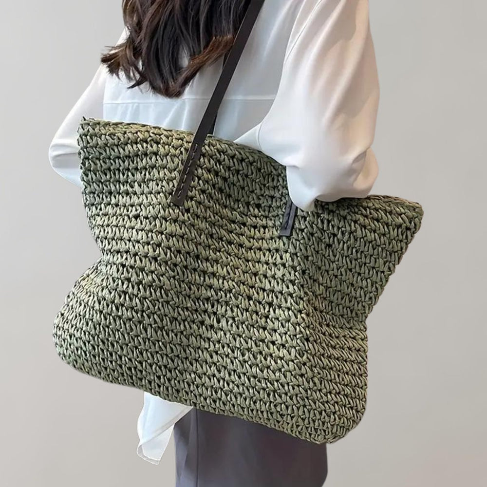 Damen großer geflochtener Bohemian Stroh Tote Bag Schultertasche - Grün