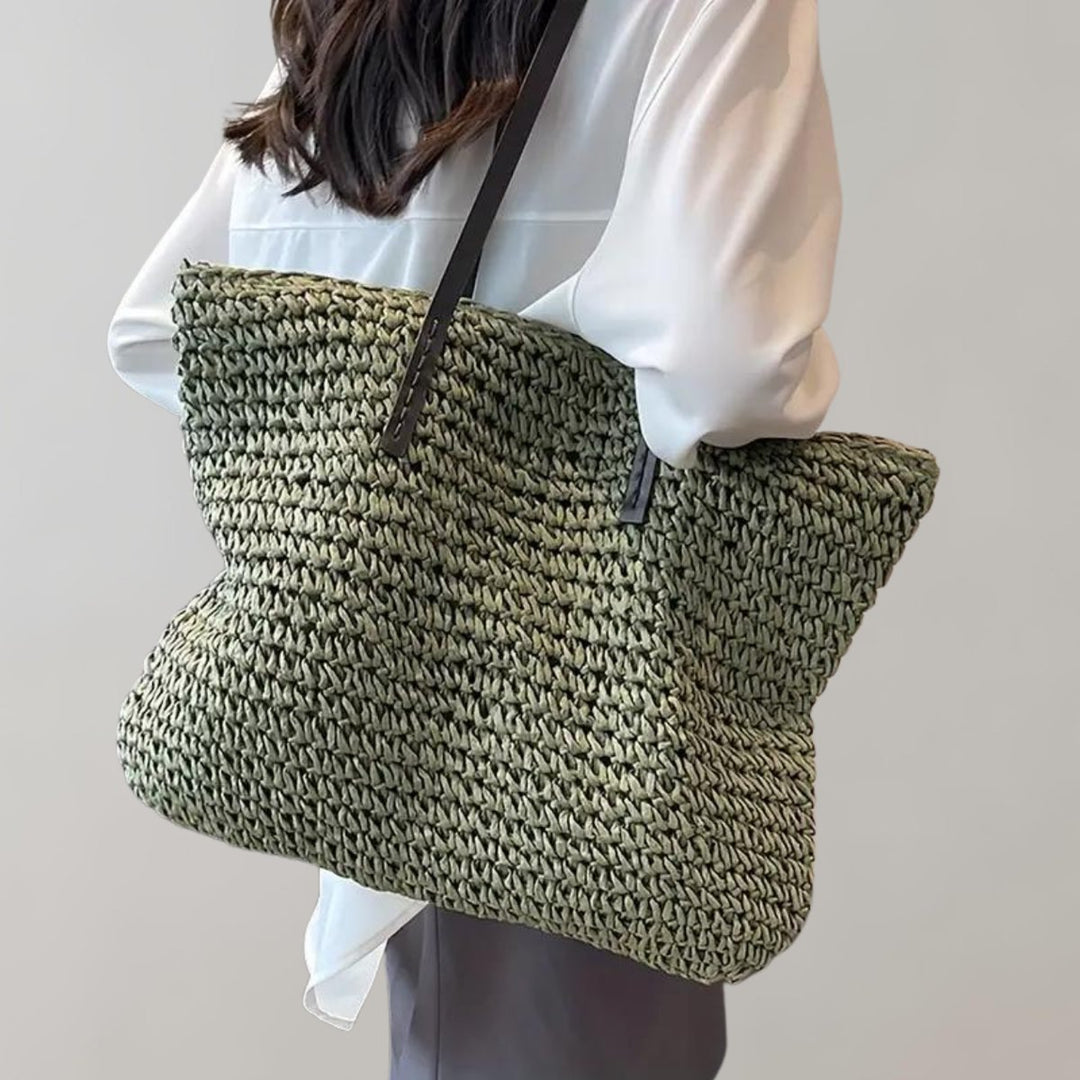 Damen großer geflochtener Bohemian Stroh Tote Bag Schultertasche - Grün