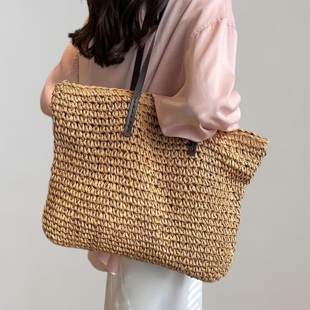 Damen großer geflochtener Bohemian Stroh Tote Bag Schultertasche - Khaki