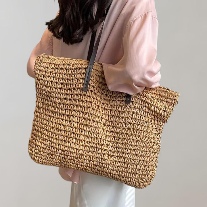 Damen großer geflochtener Bohemian Stroh Tote Bag Schultertasche - Khaki