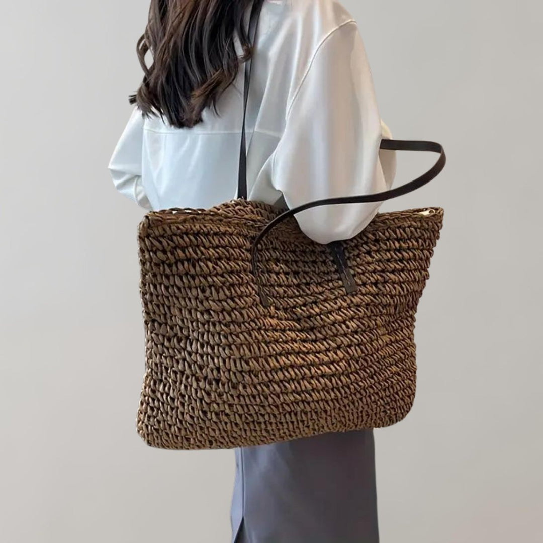 Damen großer geflochtener Bohemian Stroh Tote Bag Schultertasche - Kaffee