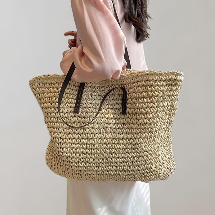 Damen großer geflochtener Bohemian Stroh Tote Bag Schultertasche - Beige