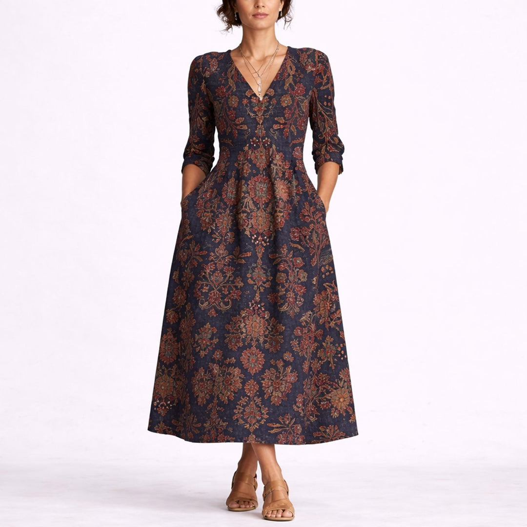 Damen Herbst Hochzeitsgast Blumen Maxi-Kleid V-Ausschnitt Leinen - Mehrfarbig