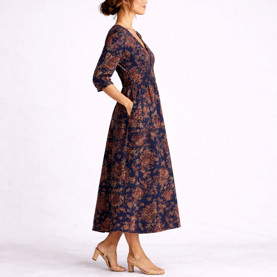 Damen Herbst Hochzeitsgast Blumen Maxi-Kleid V-Ausschnitt Leinen