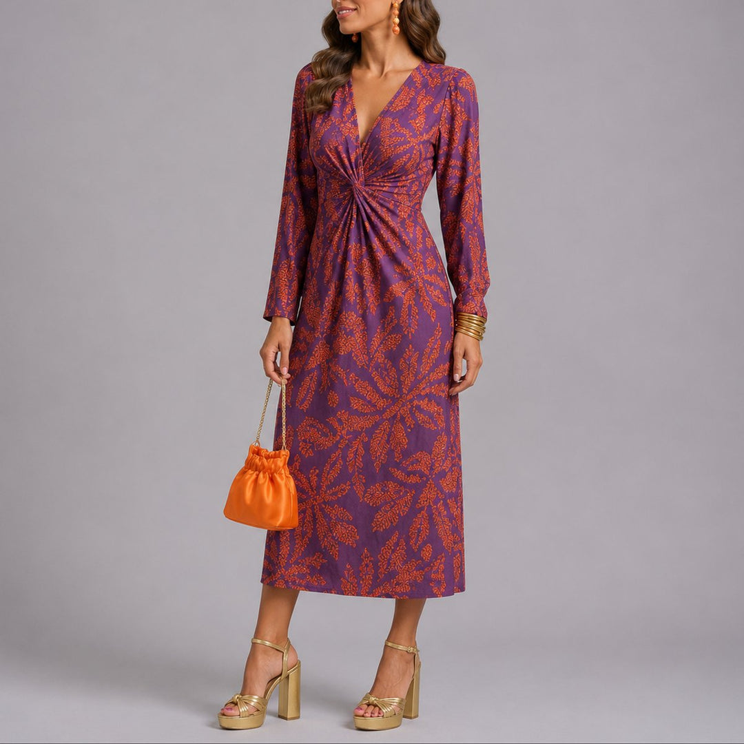 Damen Herbst Hochzeitsgast Kleid Boho Blumen Twist Midi V-Ausschnitt - Lila