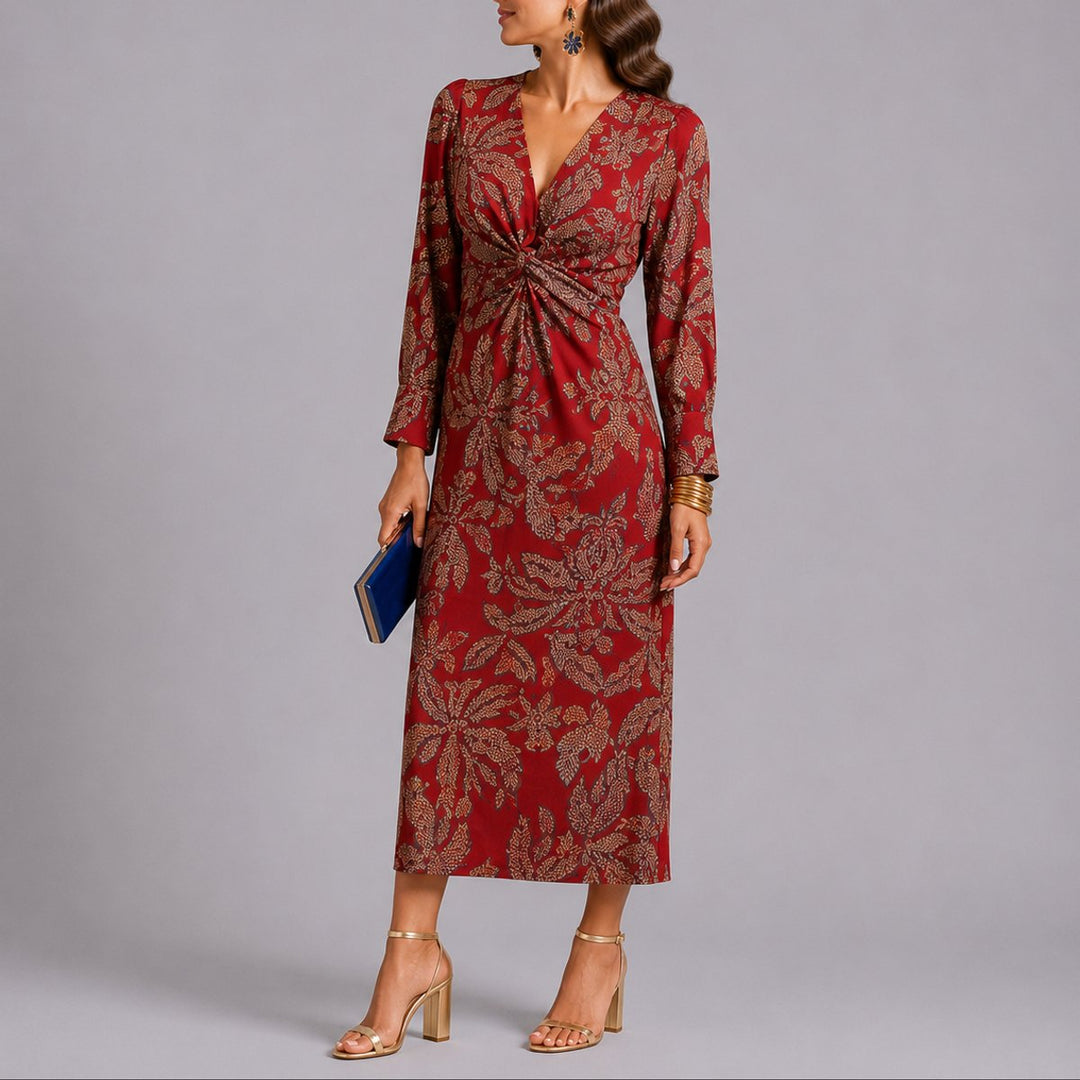 Damen Herbst Hochzeitsgast Kleid Boho Blumen Twist Midi V-Ausschnitt - Rot