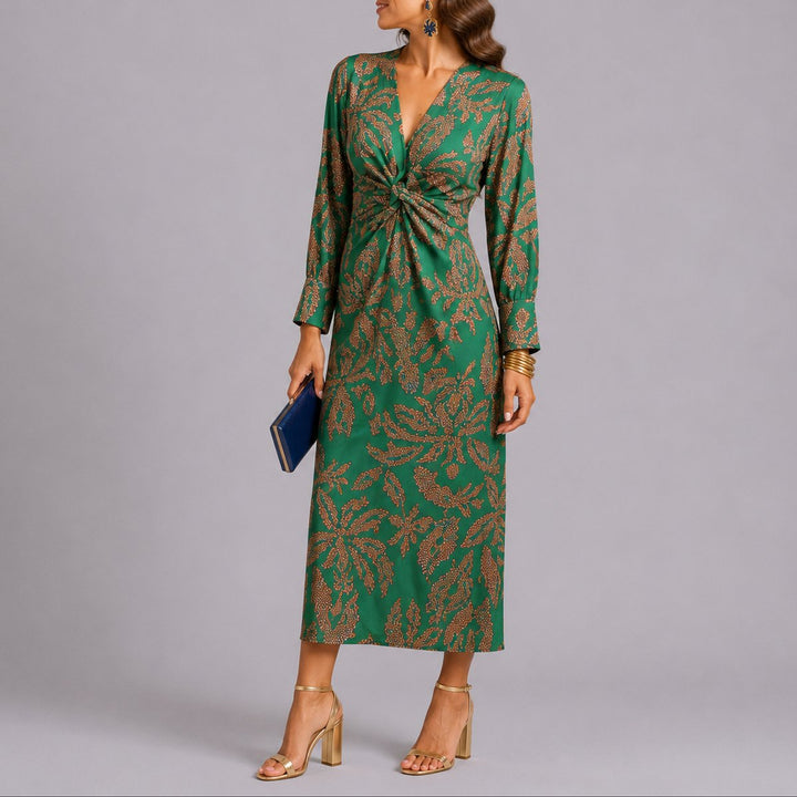 Damen Herbst Hochzeitsgast Kleid Boho Blumen Twist Midi V-Ausschnitt - Grün