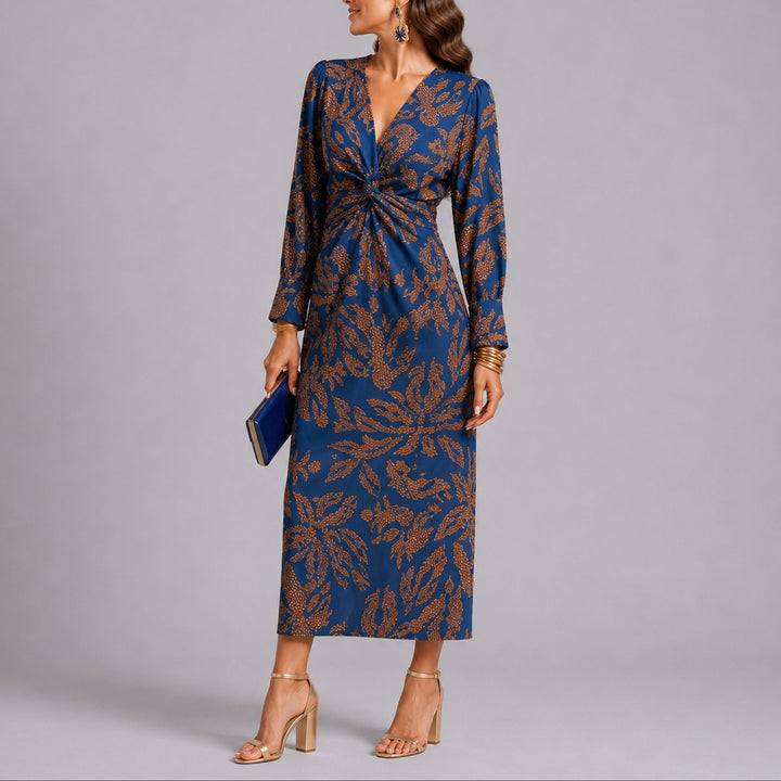 Damen Herbst Hochzeitsgast Kleid Boho Blumen Twist Midi V-Ausschnitt - Blau