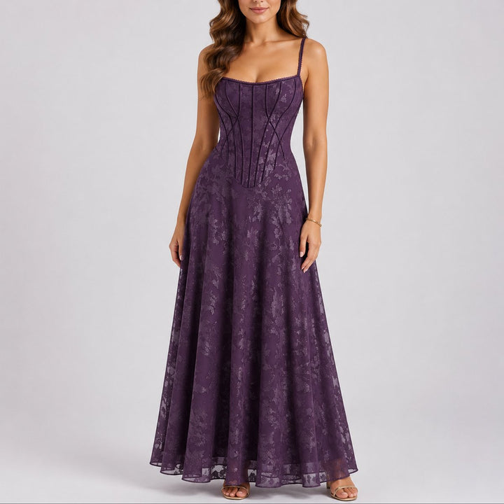 Damen Herbst Hochzeitsgast Maxi Kleid Blumen Korsett Träger - Lila