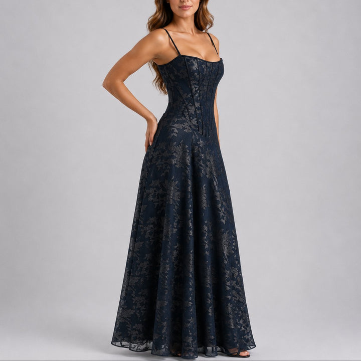 Damen Herbst Hochzeitsgast Maxi Kleid Blumen Korsett Träger - Marineblau