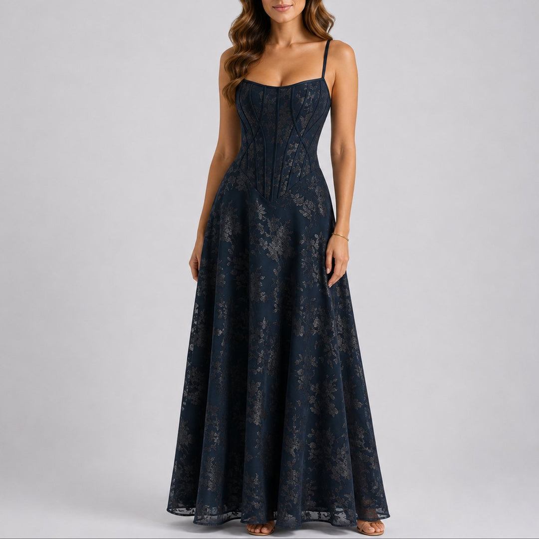 Damen Herbst Hochzeitsgast Maxi Kleid Blumen Korsett Träger