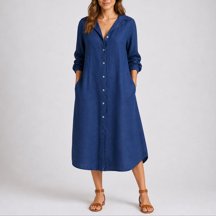 Damen Herbst Hochzeitskleid Langarm Hemdblusenkleid Midi Knopfleiste - Blau
