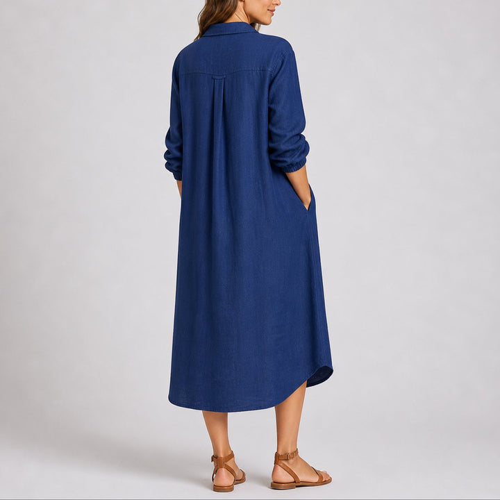 Damen Herbst Hochzeitskleid Langarm Hemdblusenkleid Midi Knopfleiste