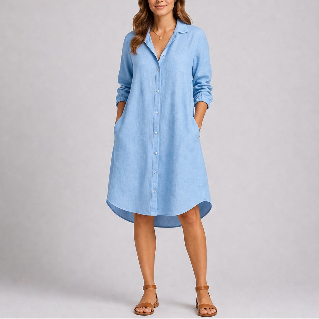 Damen Herbst Hochzeitskleid Langarm Hemdblusenkleid Midi Knopfleiste - Hellblau