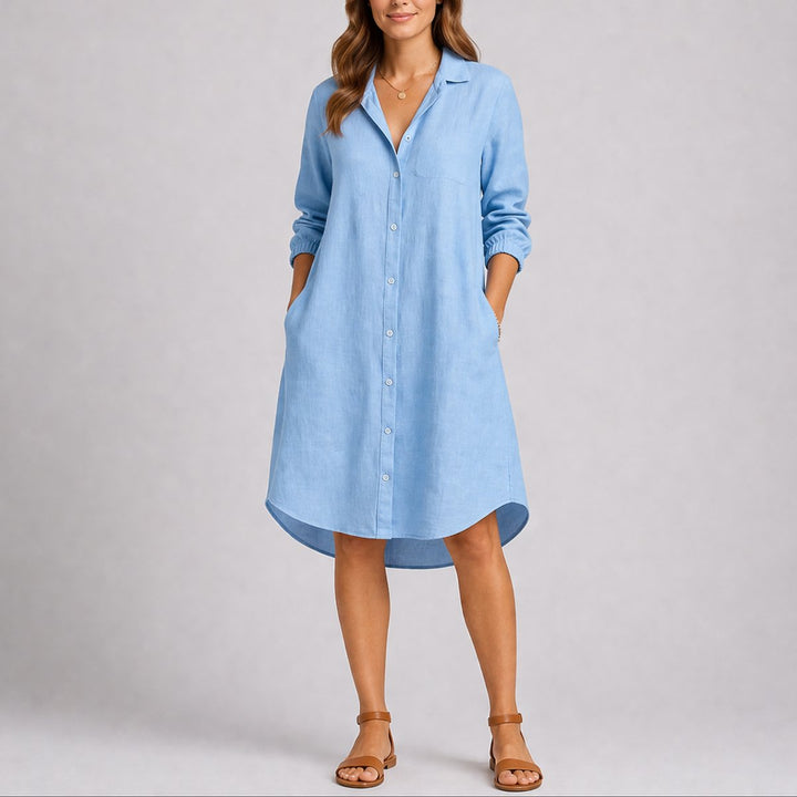 Damen Herbst Hochzeitskleid Langarm Hemdblusenkleid Midi Knopfleiste - Hellblau