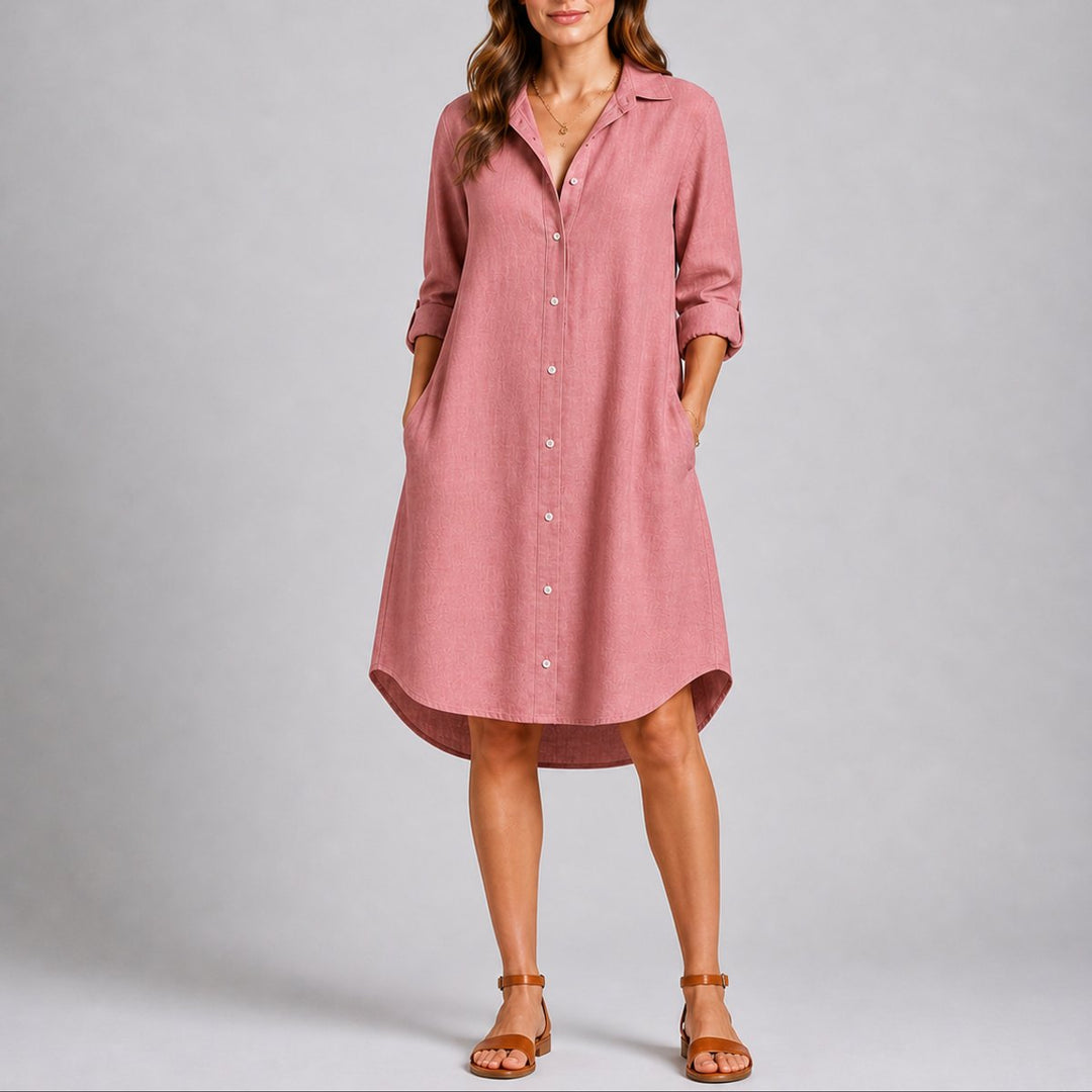 Damen Herbst Hochzeitskleid Langarm Hemdblusenkleid Midi Knopfleiste - Rosa