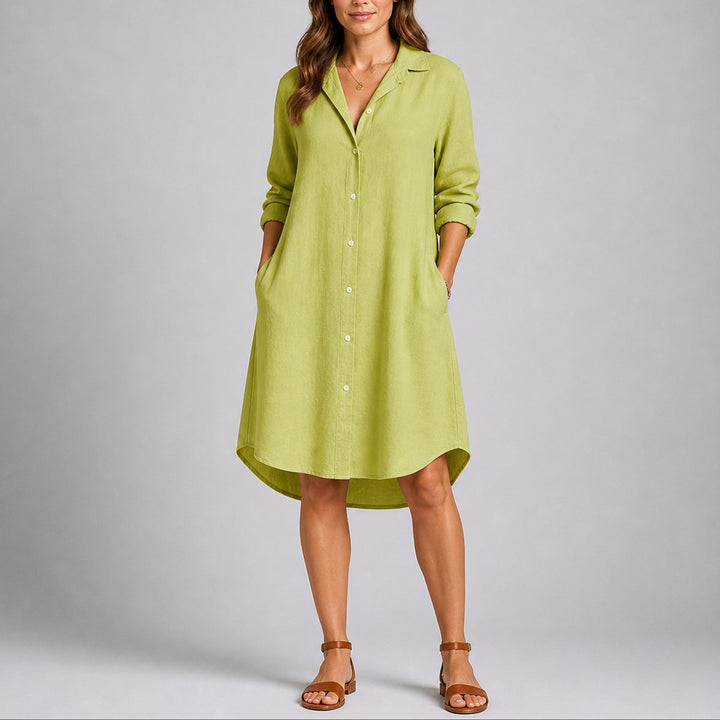 Damen Herbst Hochzeitskleid Langarm Hemdblusenkleid Midi Knopfleiste - Grün