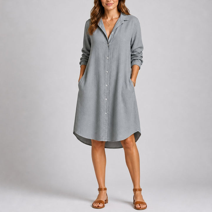Damen Herbst Hochzeitskleid Langarm Hemdblusenkleid Midi Knopfleiste - Grau