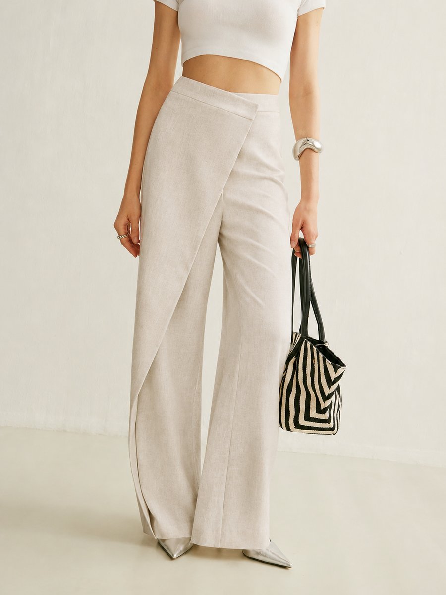 Damen High-Waist Asymmetrische Wide Leg Pants mit Wickelfront - Apricot