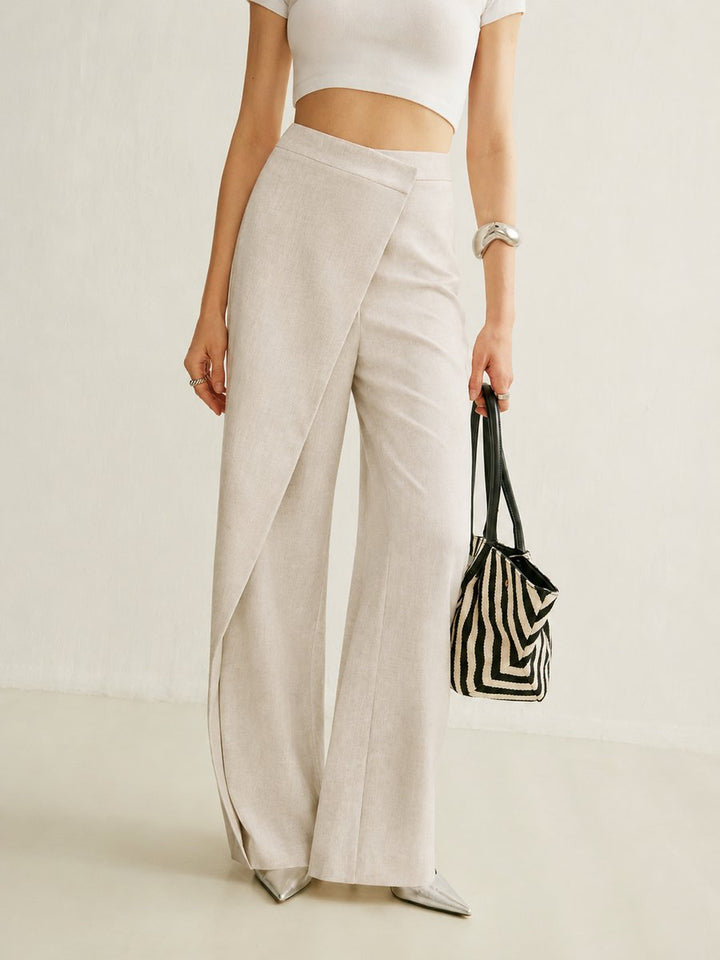 Damen High-Waist Asymmetrische Wide Leg Pants mit Wickelfront - Apricot