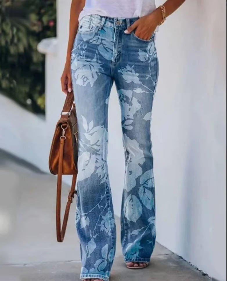Damen High-Waist Blumenmuster Schlaghose Jeans - Blue 5