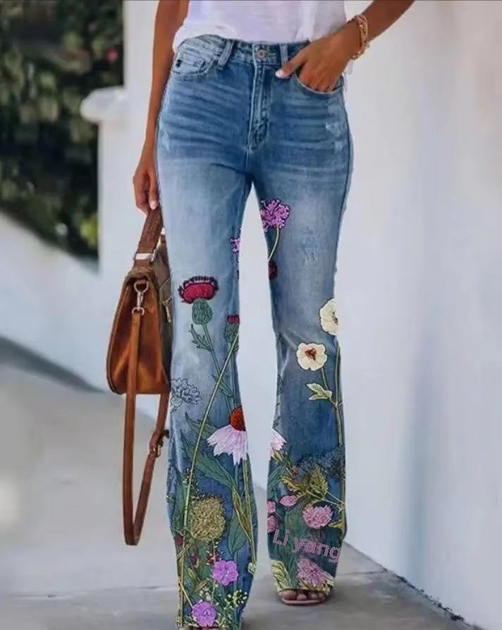 Damen High-Waist Blumenmuster Schlaghose Jeans - Blue 6