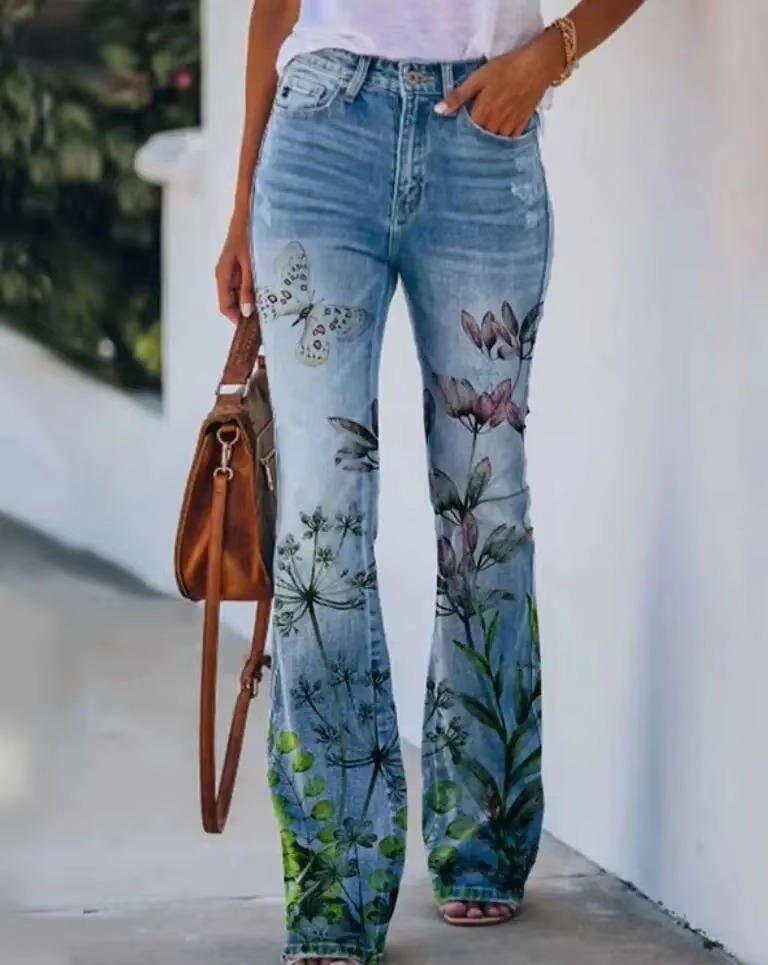 Damen High-Waist Blumenmuster Schlaghose Jeans - Blue 7