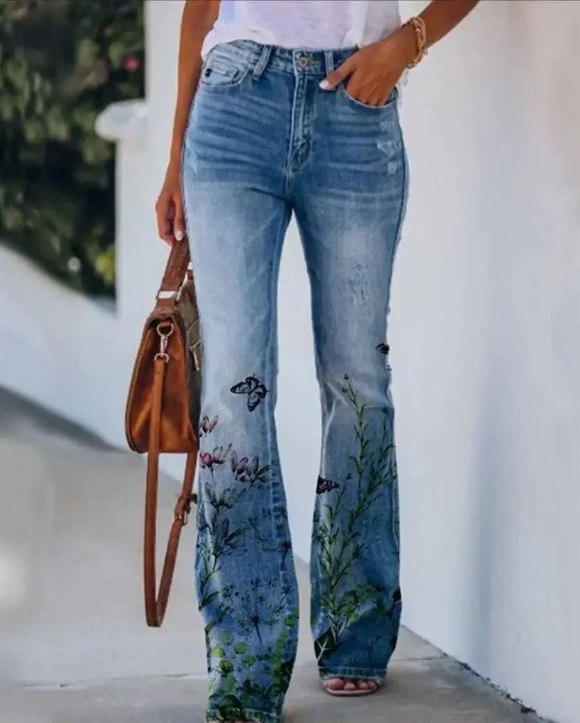 Damen High-Waist Blumenmuster Schlaghose Jeans - Blue 1