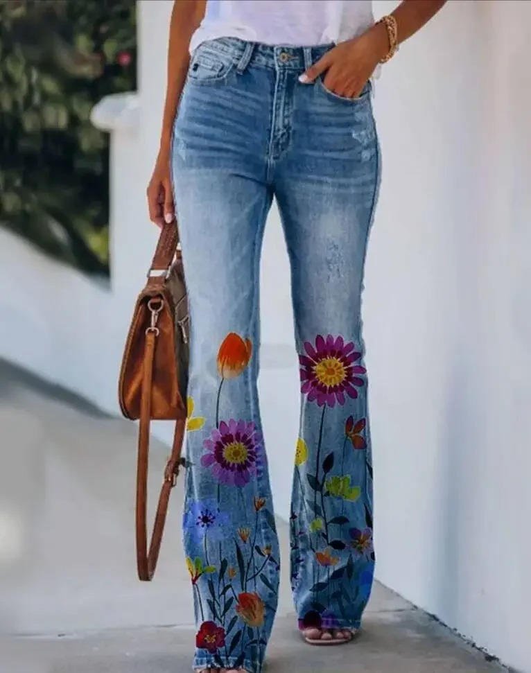 Damen High-Waist Blumenmuster Schlaghose Jeans - Blue 2