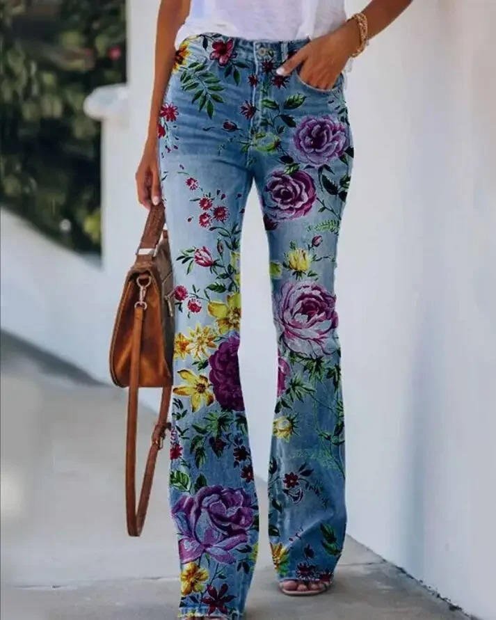 Damen High-Waist Blumenmuster Schlaghose Jeans - Blue 3