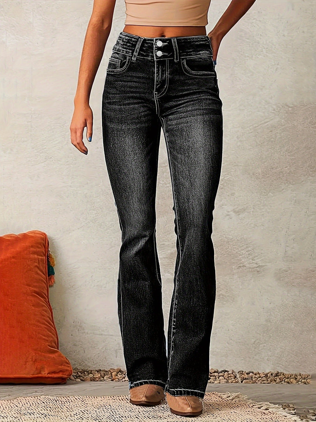 Damen High-Waist Bootcut Stretch-Denim Jeans - Black
