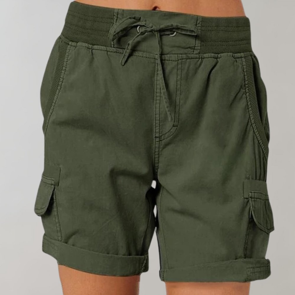Damen High-Waist Cargo Shorts mit Kordelzug - Legergroen