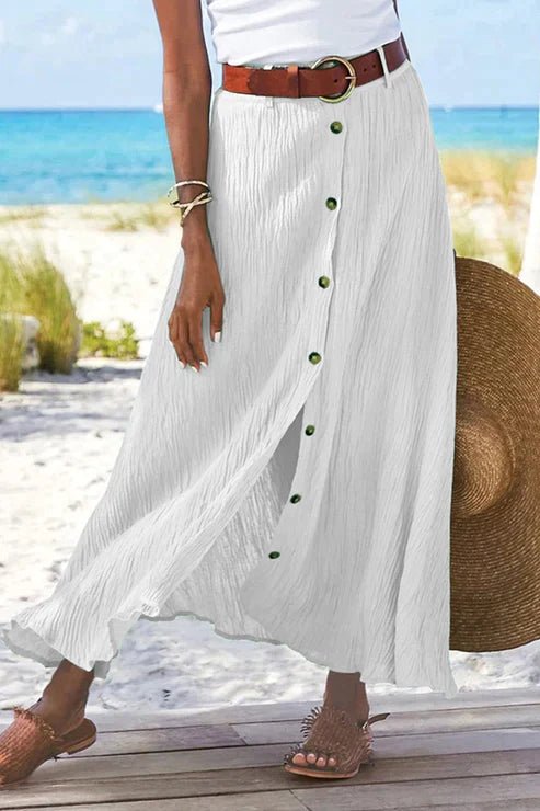 Damen High-Waist Knopfleiste Maxi Rock Leinenoptik - White