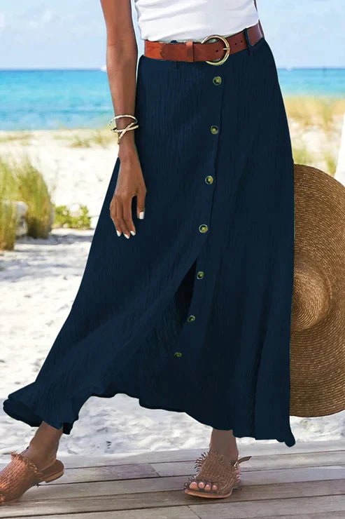 Damen High-Waist Knopfleiste Maxi Rock Leinenoptik - Tibetan blue
