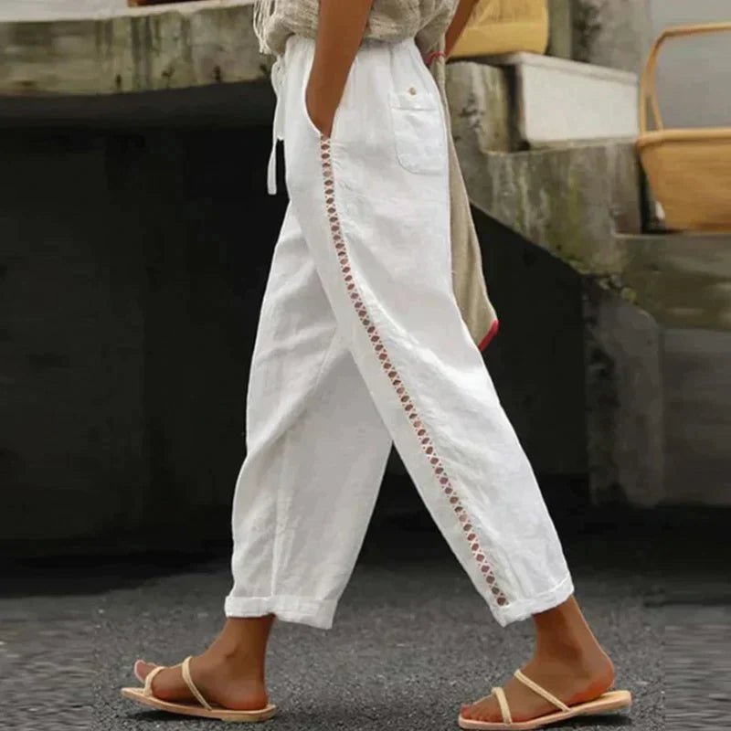 Damen High-Waist Leinen-Hose mit seitlichen Knöpfen - White