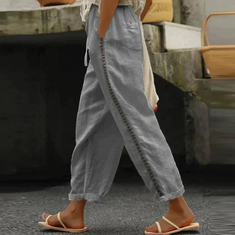 Damen High-Waist Leinen-Hose mit seitlichen Knöpfen - Gray