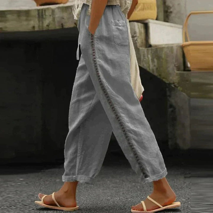 Damen High-Waist Leinen-Hose mit seitlichen Knöpfen - Gray