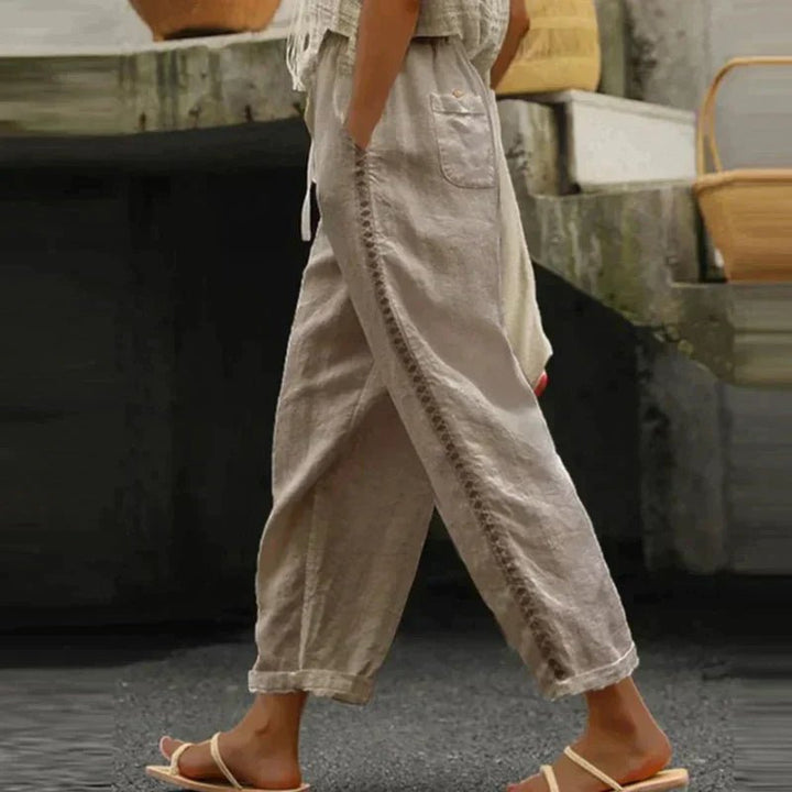Damen High-Waist Leinen-Hose mit seitlichen Knöpfen - Khaki